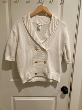 Talbots women’s Ivory Short-Sleeve Double-Breasted Shawl Collar Sweater - size M